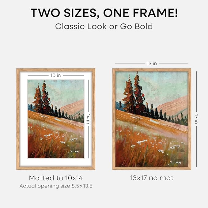 Homeforia 13x17 Picture Frame Natural Wood, High End Oak 13x17 Light Wooden Poster Frame with Mat 10x14, 13 x 17 Frames Matted to 10 x 14 Photo, 17x13 Hanging Frame, Tempered Glass, Wall Kit, Set of 3