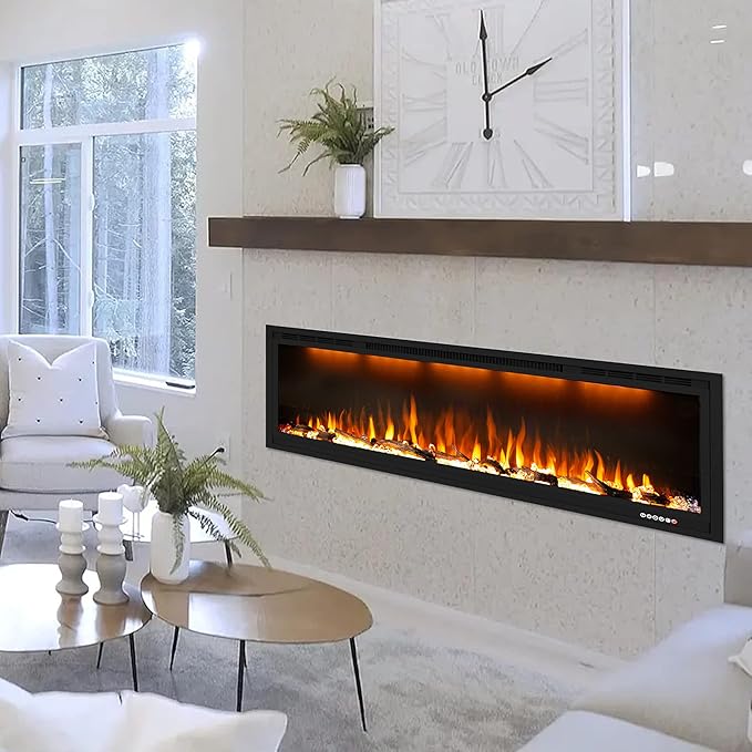 86 inch Electric Fireplace, Smart Fireplace Insert recessed in Wall and Wall Mounted fire Place Heater with Metal Frame, Multicolor Flame & Realistic logs，Thermostat& Timer, 1500W, Black