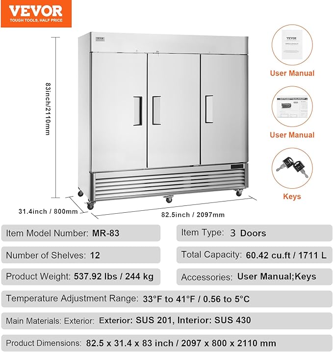 VEVOR Commercial Refrigerator 60.42 Cu.ft, Reach In 82.5" W Upright Refrigerator 3 Doors, Auto-Defrost Stainless Steel Reach-in Refrigerator & 12 Shelves, 33 to 41℉ Temp Control, LED Light, 4 Wheels