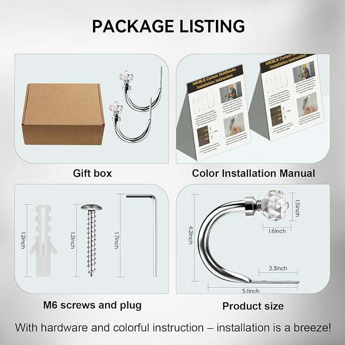 HIKMLK Crystal Curtain Holdbacks 2pcs, Metal Curtain Tieback Pull Back - Image 6