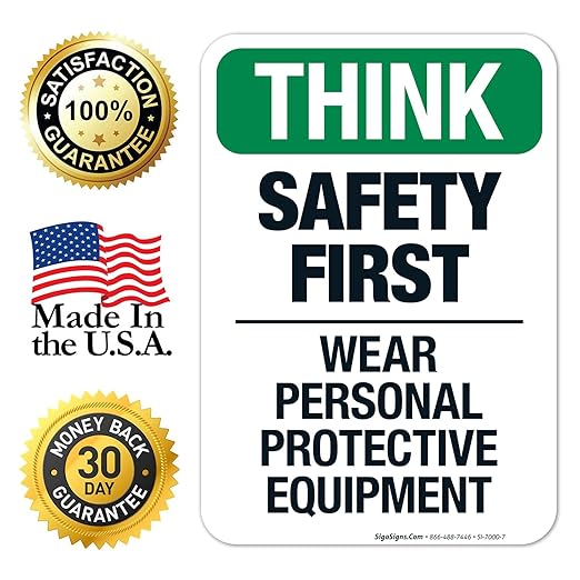 Think Safety First Wear Personal Protective Equipment Sign, 10x7 Inches, 4 Mil Vinyl Decal Stickers Weather Resistant, Made in USA