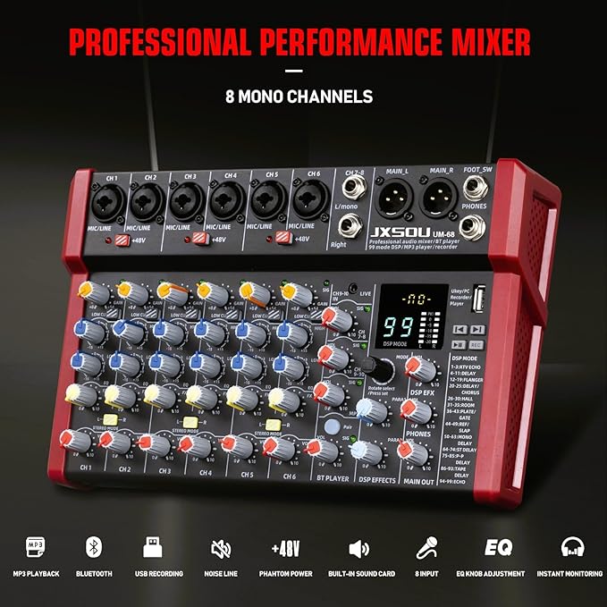 10-Channel Audio Mixer,DJ Mixer, Sound Board Console with 99 DSP Effects, Bluetooth Mixer Input 48V Phantom Power Stereo USB XLR Mixer For Karaoke Studio PC Recording