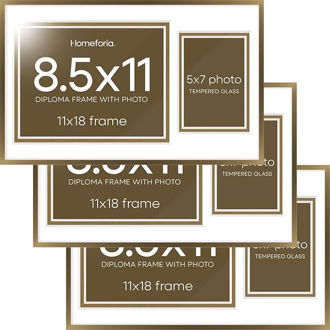 Homeforia 11x18 Bronze Diploma Frame with Photo, High End Metal 11 x 18 Certificate Frame with Mat for 8.5x11 Diploma and 5x7 Picture, 18x11 Award Graduation Frames, Tempered Glass, Wall Kit, Set of 3