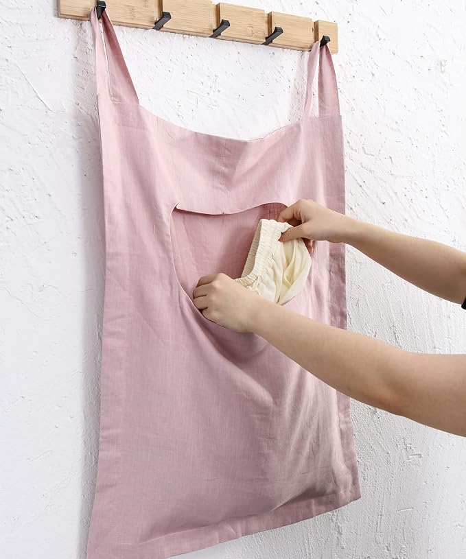 Amazhiyu 100% Linen Door Hanging Laundry Hamper Bag, 19x27 Inches Pink - Image 4