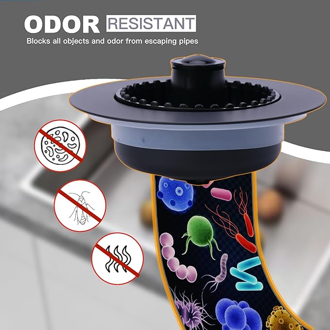 Kitchen Sink Drain Strainer 3 in 1, 304 Stainless Steel Pop Up Sink Stopper, Anti-Clogging Drain Stopper, Strainers for Kitchen, Drain Cover and Kitchen Accessories for US Standard Sink (Black)