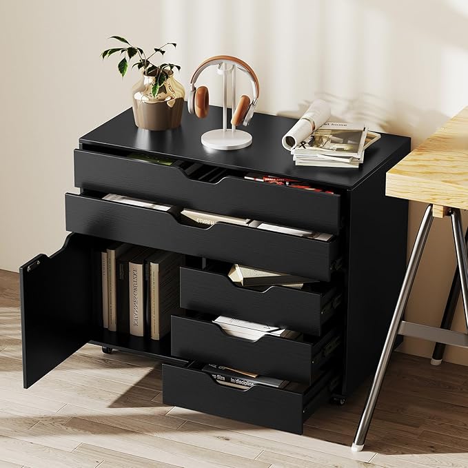 File Cabinet, Black Filing Cabinet w/Universal Wheels, Wood Printer Stand w/Storage, Rolling File Cabinets for Home Office, Living Dining Room (Black, 2 Large Drawers & 3 Small Drawers)