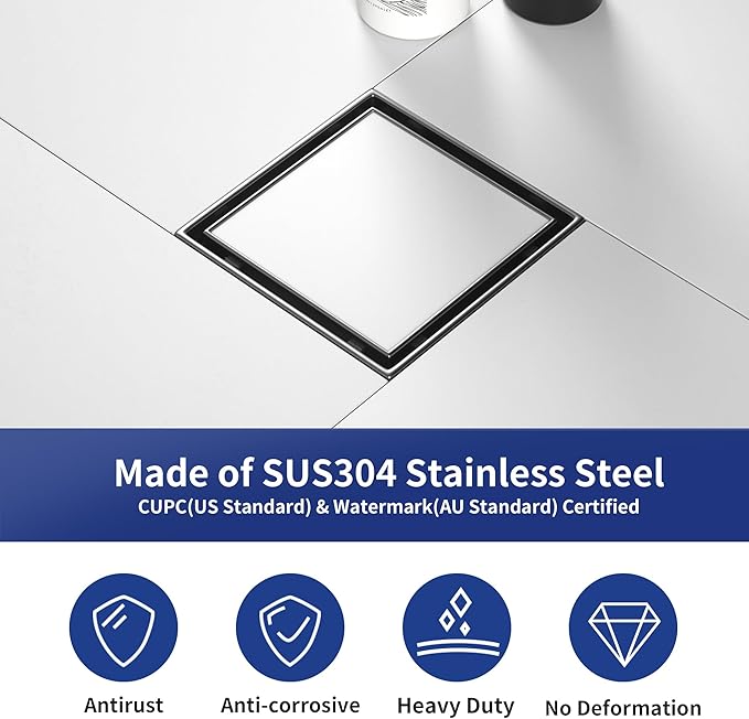 Square Shower Drain 4", Brushed Floor Drain with Tiled Insert Grate & Hair Strainer, 304 Stainless Steel Bathroom 2-in-1 Tiled in Drain, CUPC Certified (Brushed, 4'')
