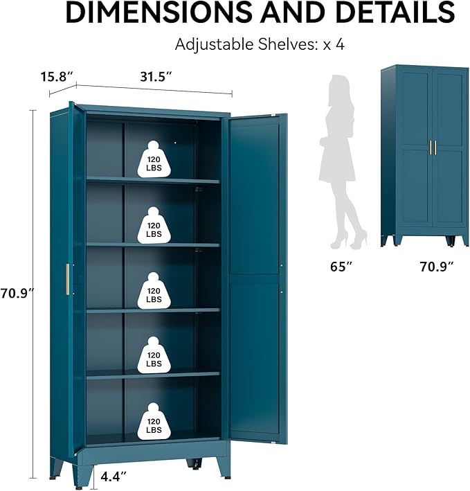 COFaR 71" Pantry Cabinet in Peacock Blue, 5-Tier Storage with Adjustable Shelves, Modern Statement Cupboard for Kitchen, Bathroom & Living Room