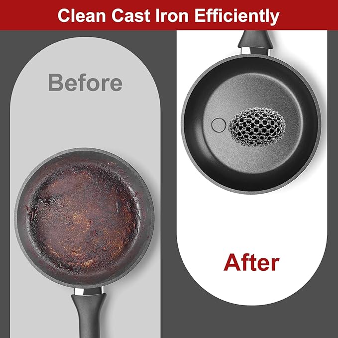 Cast Iron Scrubber Cleaner, Rugby Shape Scrubber Chain Mail with Silicone Core, Cast Iron Skillet Cleaner Cleaning Care Kit Perfect for Cast Iron Cookware,Skillet,Woks - Black