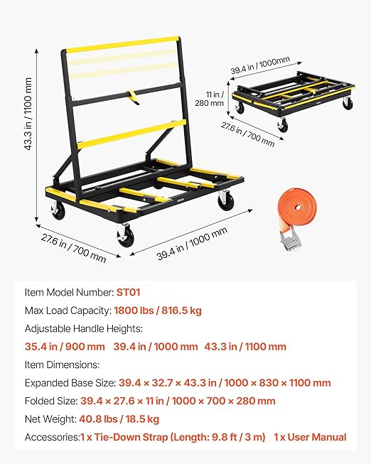 VEVOR Drywall Cart Dolly, 1800 lbs Load Capacity, Steel Panel Dolly with 4 Swivel Casters & Expandable Deck, Foldable Panel Truck Cart with Tie-Down Strap for Handling Plywood, Plasterboard, Glass