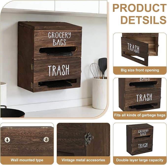2 in 1 Trash Bag Dispenser, Double Wall Mounted, Wood Trash Bag Holder - Image 3