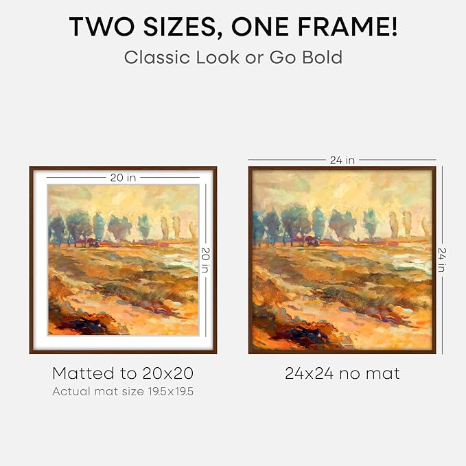 Homeforia 24x24 Picture Frame Brown, High End Dark Oak 24 x 24 Square Wood Frame with Mat 20 x 20 for Photo, 24by24 Wooden Walnut Poster Frame Matted to 20x20 Print, Tempered Glass, Wall Kit, Set of 2