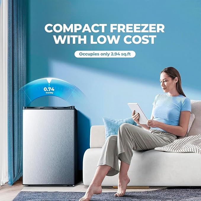 3.0 Cu.ft Small Freezer, Mini Upright Freezer with 7 Adjustable Thermostat, Removable Shelves, Reversible Single Door, for Bedroom/Home/Dorms/Apartment (Silver)