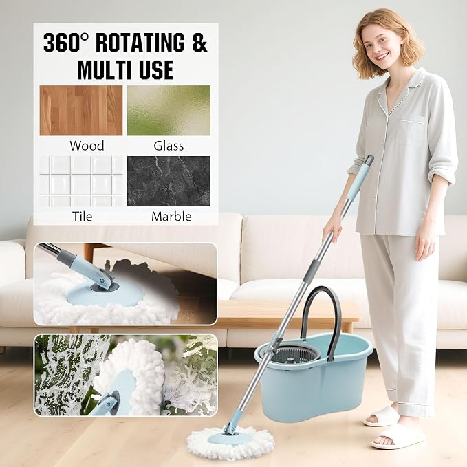 Spin Mop and Bucket with Wringer Set, 3 Microfiber Mop Heads - Image 6