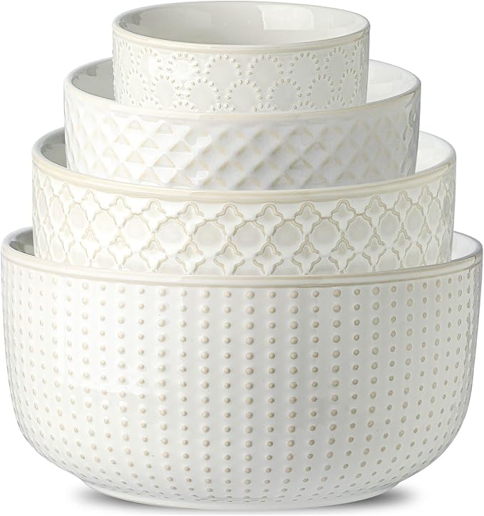 Ceramic Mixing Bowls, 27/53/84/162 oz, set of 4, Embossed large Mixing Bowl set, Serving bowls, Kitchen Dishware, Prep, Gift, Microwave and Dishwasher Safe, Modern Farmhouse Decor