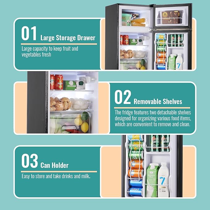 WANAI 3.5 Cu.Ft Mini Fridge with Freezer, Compact Refrigerator for Office, Dorm, Apartment, 7-Level Adjustable Thermostat, 2 Removable Shelves and Bakset, Small Fridge in Dark Gray