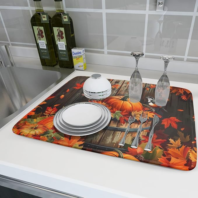 Fall Pumpkin Dish Drying Mat for Kitchen Counter 18x24 Inch Autumn Maple Leaves - Image 6