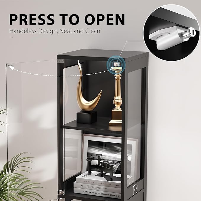 Glass Display Cabinet, 4-Tier Curio Cabinets with 3 Color Lights for Collectibles, Storage Cabinet with Door, Glass Display Case & Bookcase with Human Body Sensor, Black