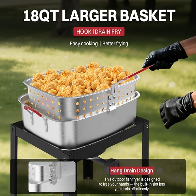 18QT Aluminum Deep Fryer Pot with Basket | Lid | 9" Fryer Tong | 6" Thermometer | Outdoor Fish Fryer Pot | Ideal for Frying Fish | French Fries | Chicken Wings