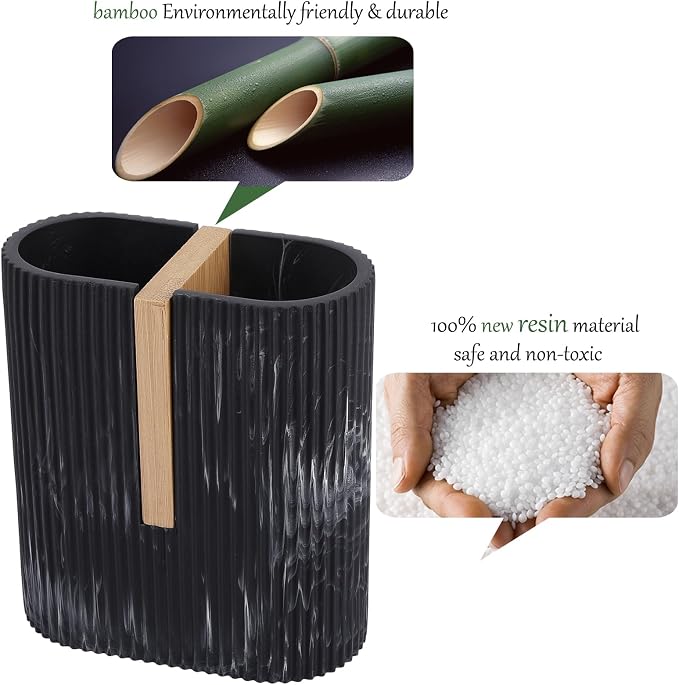 Toothbrush Holders for Bathroom, Bamboo Toothbrush Stand, Marble Black | - Image 4