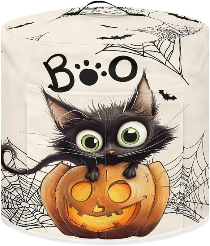 Kitchen Appliance Dust Cover for Portable Air Fryer Round Protective Bag with Top Handle and Storage Pocket 3 Quart Pressure Cooker Cover Halloween Cute Black Cat