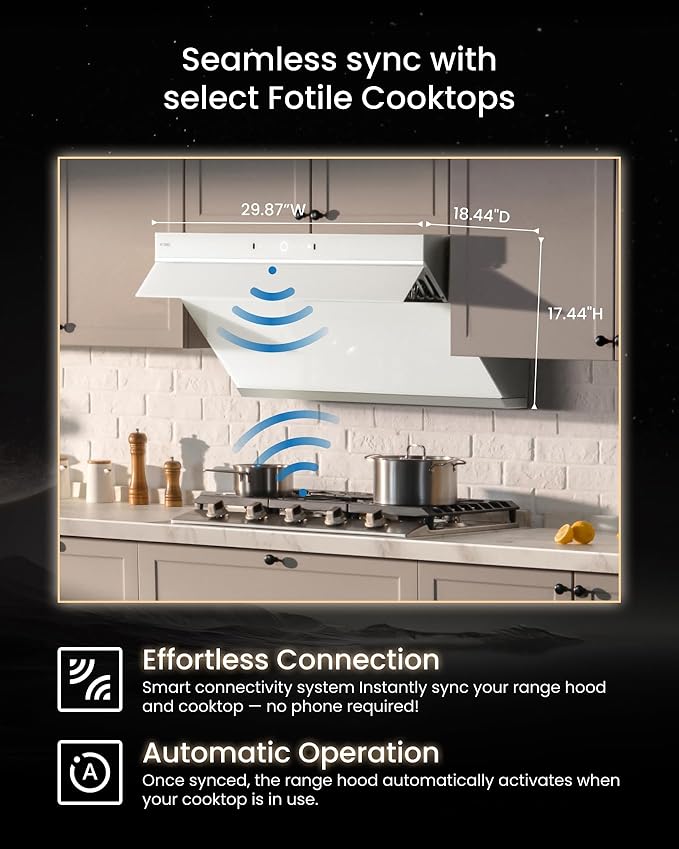 FOTILE JQG7507-W 30" Under Cabinet or Wall Mount Kitchen Range Hood 1100 CFM 4 Speed Level with LED Lights, Fingerprint Resistance and Motion Control