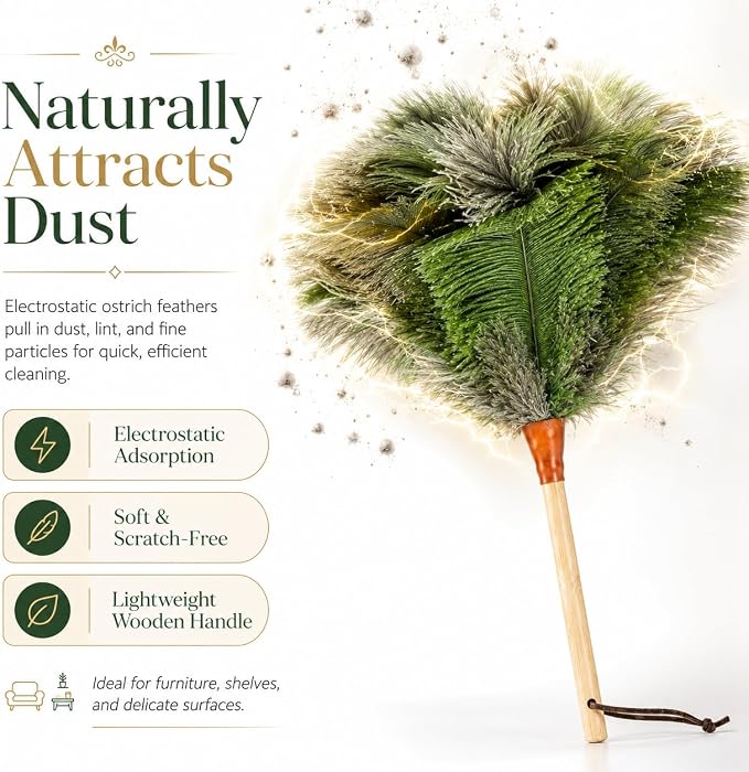 16 in Ostrich Feather Duster, Bamboo Handle Duster Green - Image 3