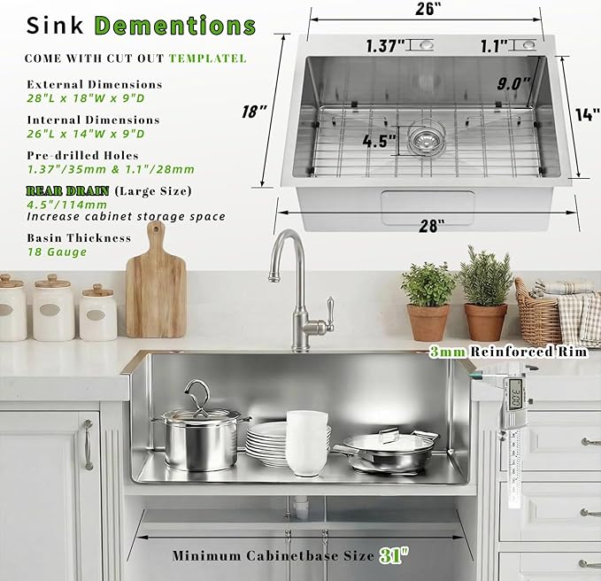 Drop In Kitchen Sink 28x18", 9" Basin Depth, 18 Gauge Stainless Steel Sink, 3D Embossed Surface Finish Top Mount with Accessories