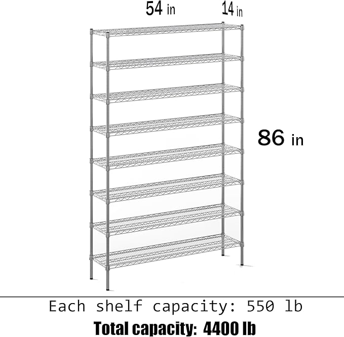 14" Deep x 54" Wide x 86" Height Wire Shelving Kit | 8-Tier | NSF Commercial Storage Rack Unit