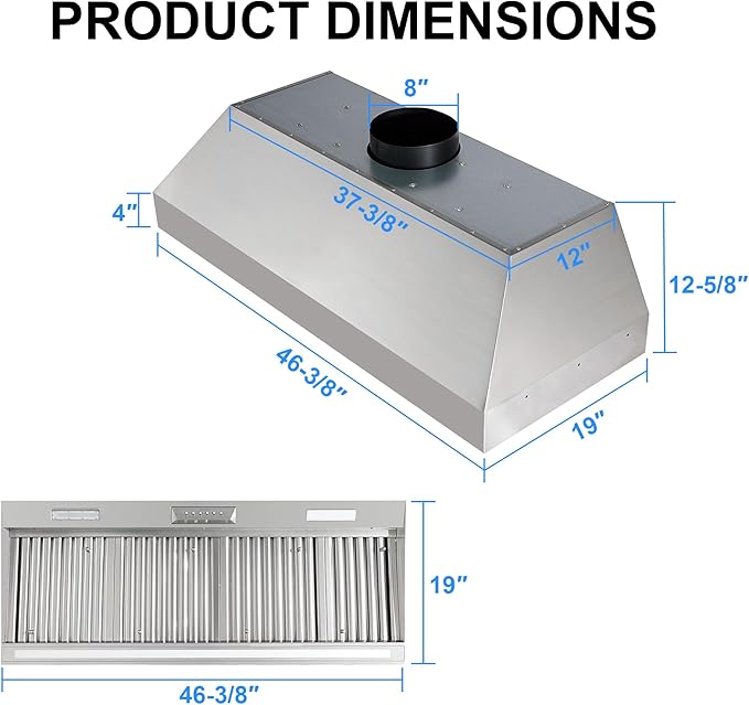 Akicon 48 Inch Range Hood Insert with Heater Sensor, 1200 CFM Bulit-in Kitchen Vent Hood with 4 Speeds, Ultra-Quiet Ducted Stove Hood 3CCT LED Lights and Dishwasher Safe Filters
