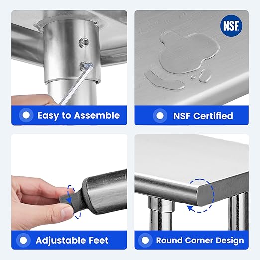Hally Stainless Steel Table for Prep & Work 30 x 36 Inches, NSF Commercial Heavy Duty Table with Undershelf and Galvanized Legs for Restaurant, Home and Hotel