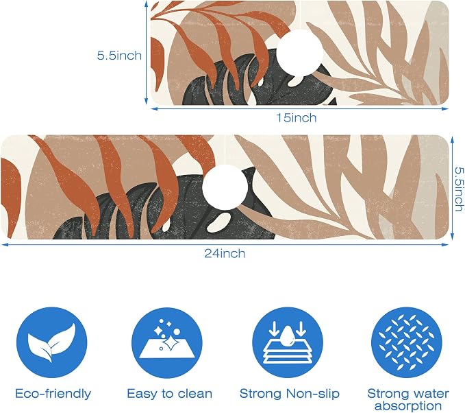 Mid Century Boho Leaves Kitchen Sink Splash Guard Absorbent Fast Drying Mat - Image 3