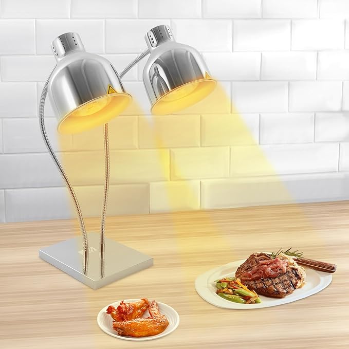 Food Heat Lamp Warmer Silver, 500W Double Bulbs Buffet Display Heating Preservation Light, Electric Portable Infrared Heating Lamp with 360°Adjustable Head (Silver)