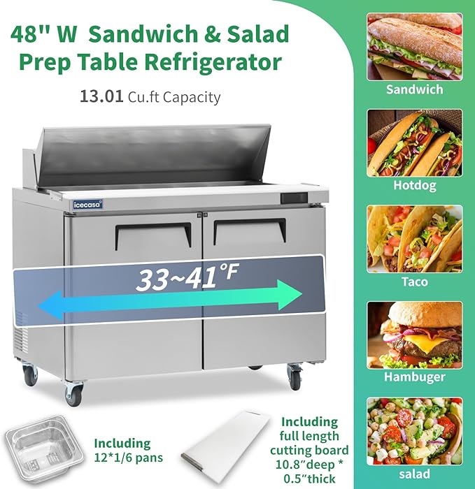 ICECASA 48" W Commercial Refrigerator Sandwich&Salad Prep Table 2 Door Stainless Steel Counter Fan Cooling Refrigerator with 12 pans-48 Inches for Restaurant, Bar, Shop, etc