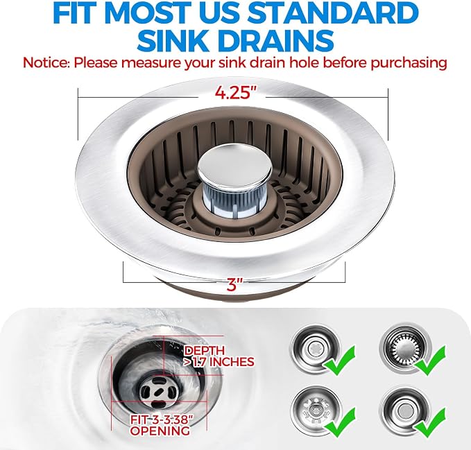 zaa 3 in 1 Kitchen Sink Drain Strainer Stopper Removable Basket Pop-Up - Image 6