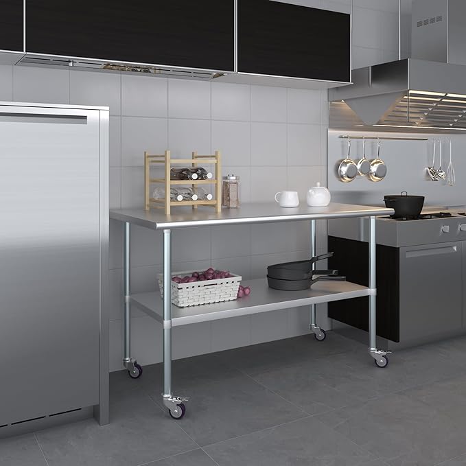 AmGood 60" Long x 30" Deep Stainless Steel Table with Casters