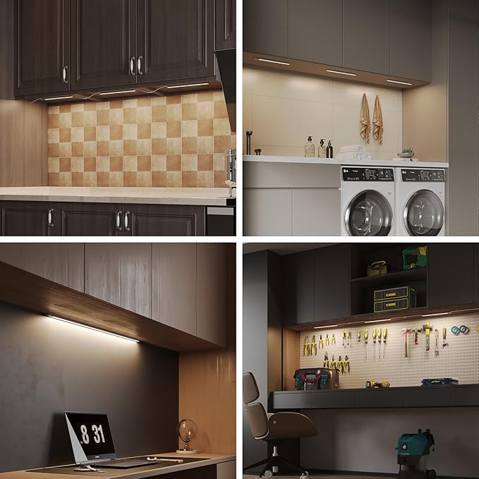 LUMILAND 3 Pcs 12-inch Led Under Cabinet Lighting Plug-in with Hand Wave, Dimmable 6000K Cold White Under Counter Lights Linkable with Memory Function for Kitchen