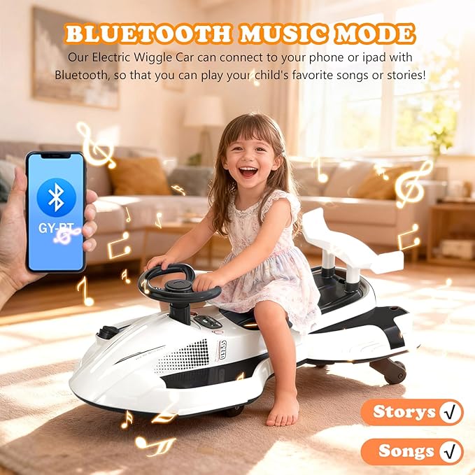 12V Electric Wiggle Car Ride On Toy, Swing Car with Pedal, for Kids from Ages 3 and Up, Birthday Gifts for Boys and Girls, Anti-Rollover, Flashing Wheels, Bluetooth (Black+White)