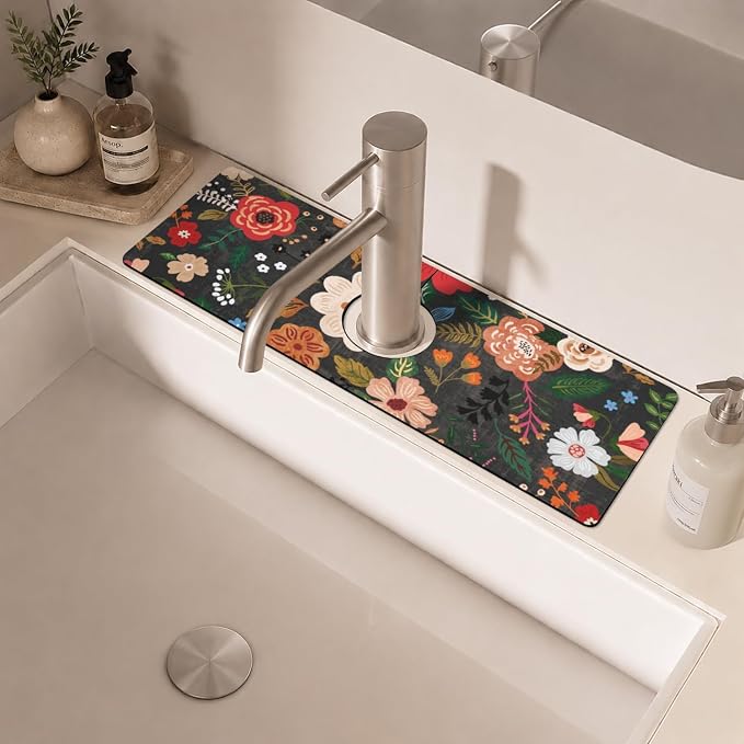 Boho Black Flowers Kitchen Sink Splash Guard Faucet Mat, Faucet Non-Slip - Image 6
