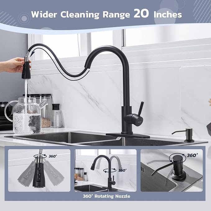 WEWE Kitchen Faucet with Soap Dispenser, 3-Mode Sprayer, Matte Black | - Image 5