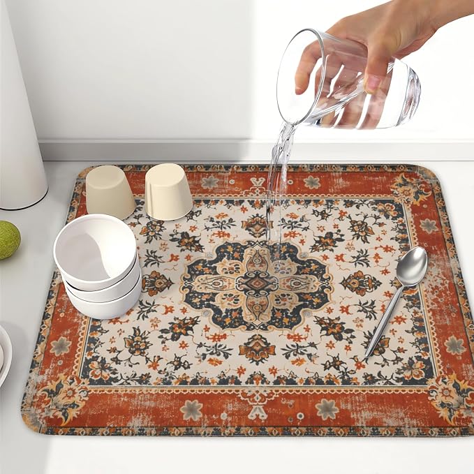 Giwawa Ethnic Boho Dish Drying Mat Rust Coral Floral Decorative Dishes Pad - Image 6