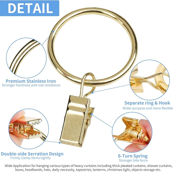 Curtain Rings with Clips, 42 Pack Metal Drapery Rings with Clips Hooks Hangers - Image 4
