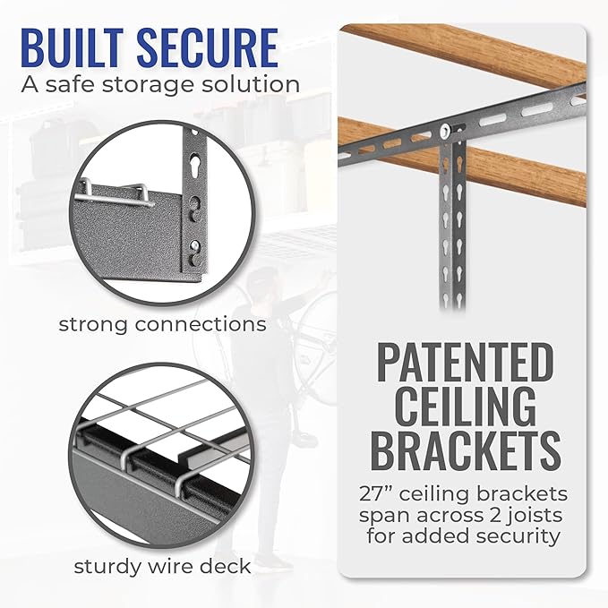 SafeRacks Overhead Storage Rack, Heavy Duty 600 lb Capacity, Adjustable Garage Ceiling Mount Hammertone 24"-45" 2 Pack