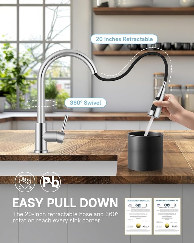 WEWE Kitchen Faucets with Pull Down Sprayer, Stainless Steel Single Handle 1 Hole for Family Kitchen Commercial Camper Laundry Rv Bar, Polished Chrome