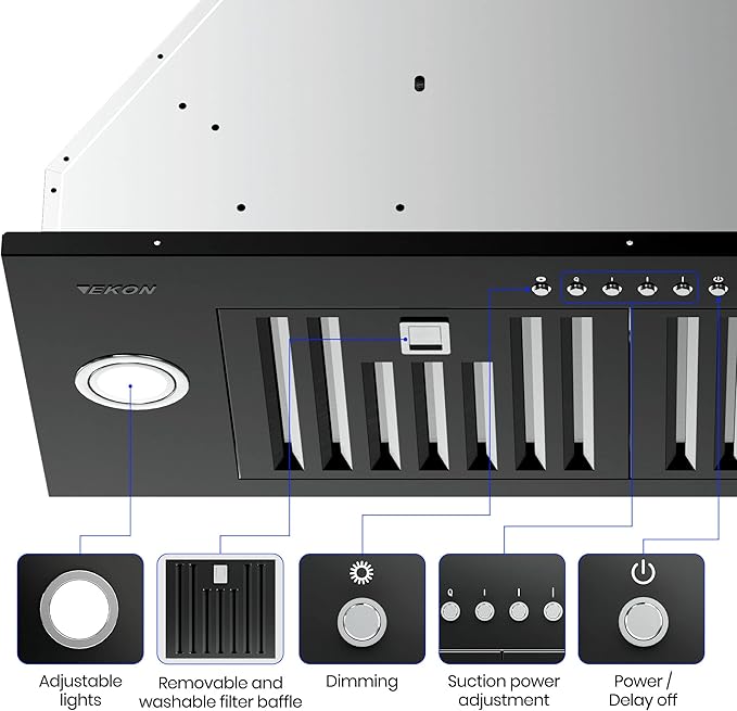 Range Hood Insert, EKON NAB01-30IN Black 900CFM Built-in Range Hoods Ducted/Ductless with 4-Speed Soft Touch Panel Control/Dishwasher-safe Filters, Kitchen Hoods for Over Kitchen Stove