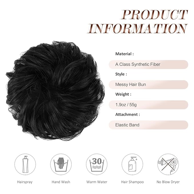 FESHFEN Large Messy Bun Hair Piece - Wavy Synthetic Chignon Scrunchies Elastic Ponytail Hair Extensions Thick Hairpieces for Women, Off Black 1.94oz