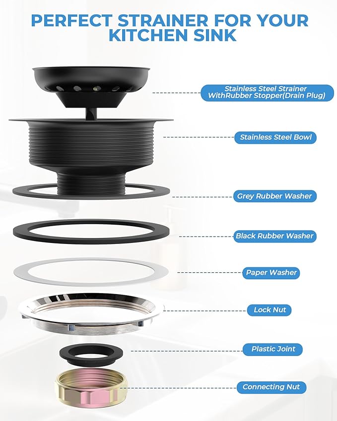 3-1/2 Inch Kitchen Sink Drain with Strainer Stopper Drain Assembly Removable Basket Strainer Plug fit Standard Sink Drain Hole, Stainless Steel (Matte Black)