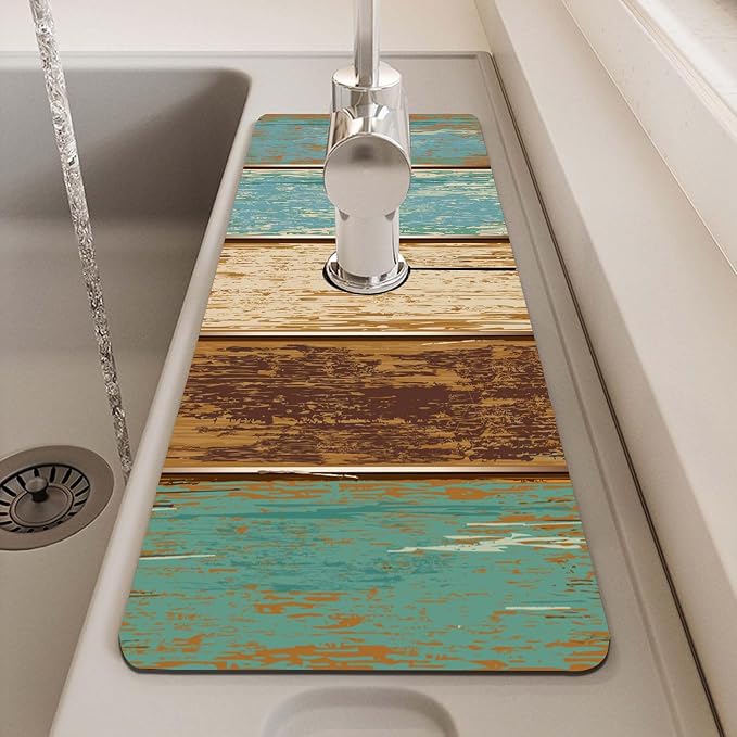 MCALK Wood Pattern Teal Kitchen Sink Faucet Mat Splash Guard, Absorbent - Image 7