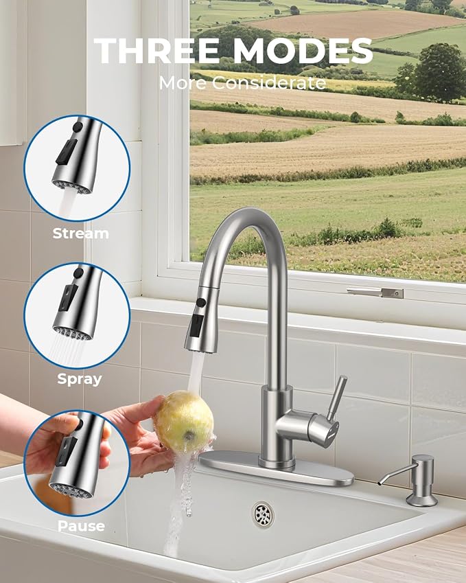 WEWE Kitchen Faucet with Soap Dispenser Set, Brushed Nickel | 3-Mode Sprayer - Image 7