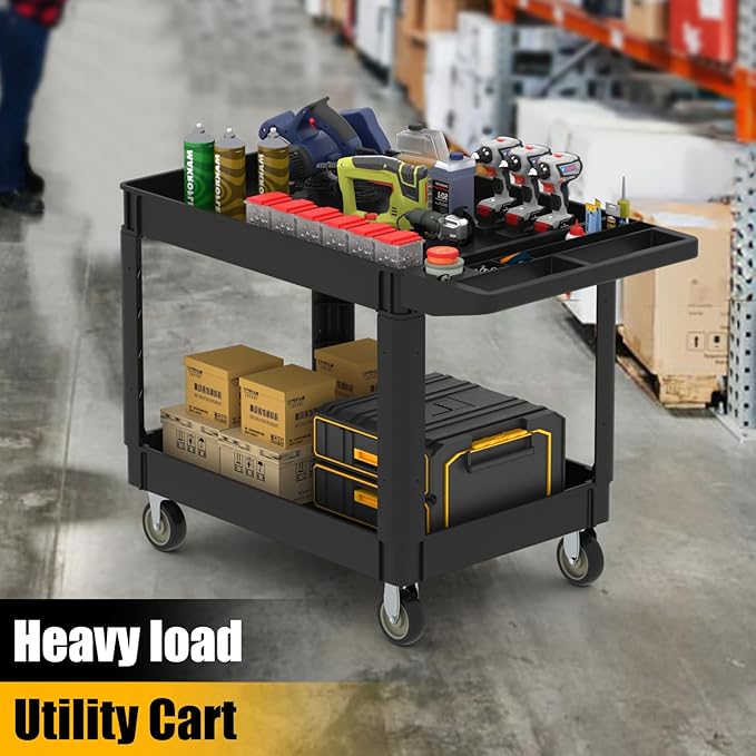 46 x 26-Inch Heavy Duty Utility Cart with Wheels, 1000 lbs Capacity Plastic Rolling Tool Carts W/Deep 2-Shelf, Mechanic Work Cart for Garage, Warehouse, Workshop, Black